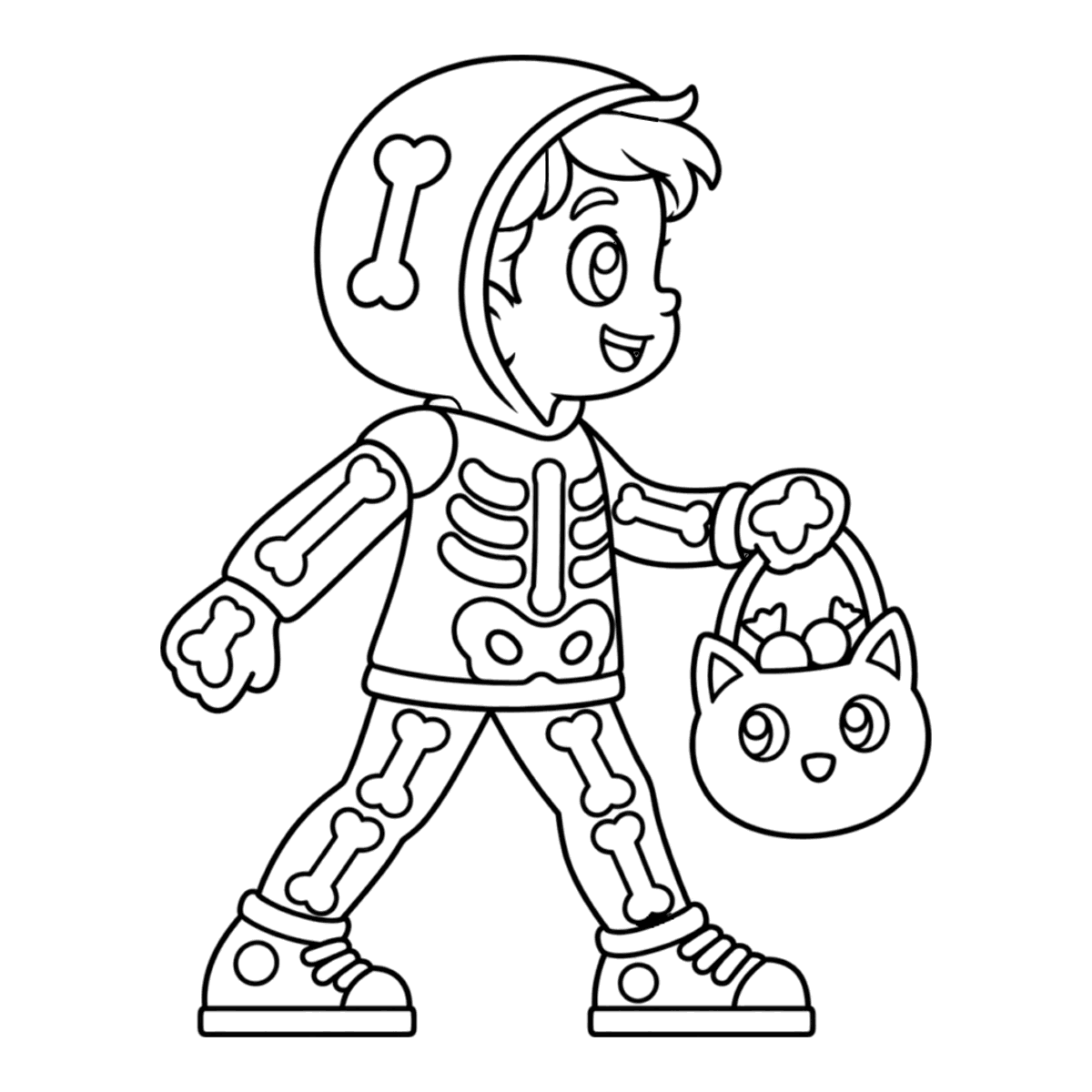 Little skeleton coloring page: a child in a skeleton costume with a cat candy bucket, ready to color
