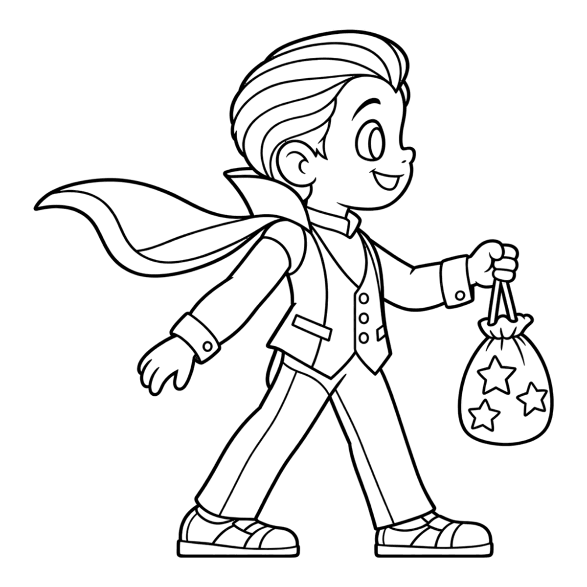 Little vampire coloring page: a child dressed as a little vampire with a high-collared cape, ready to color