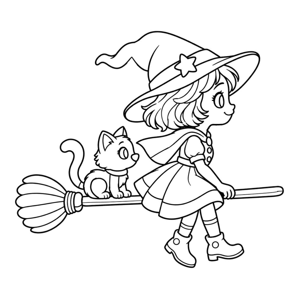 Witch and her cat coloring page: a witch on her broomstick with her cat holding on behind her, ready to color