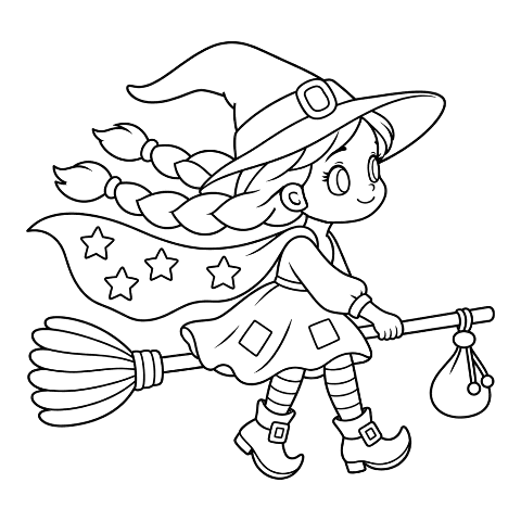 Witch coloring page: a witch flying on her broomstick, ready to color