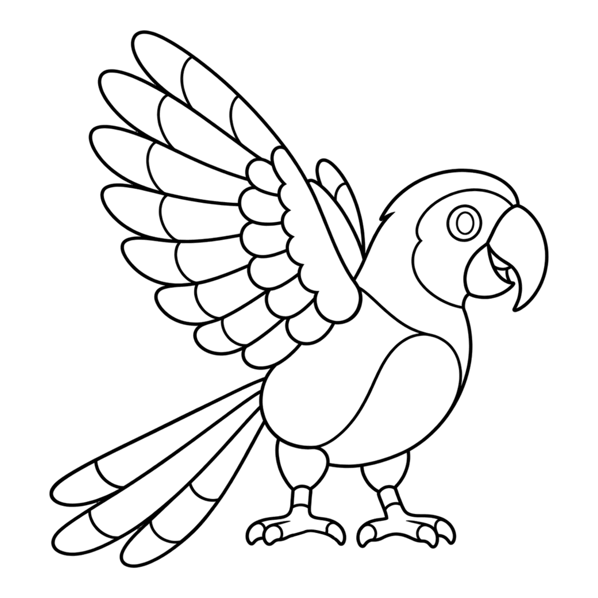 Parrot coloring page: a bright parrot with a crest and a long tail, ready to color