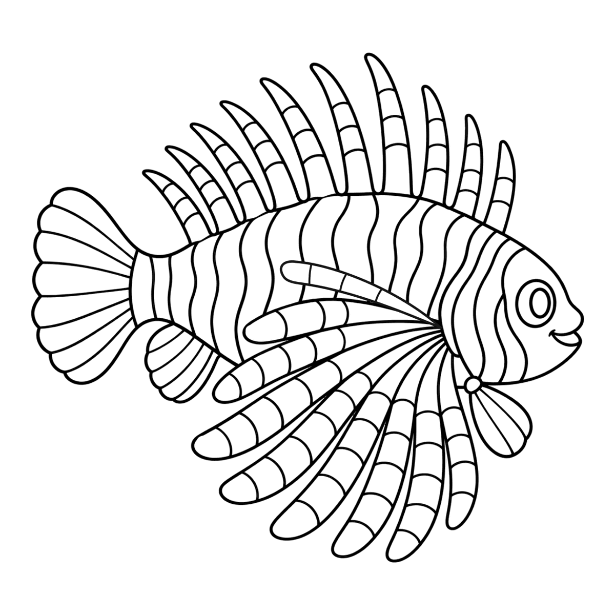 Lionfish coloring page: a lionfish with its striped fins spread like a fan, ready to color