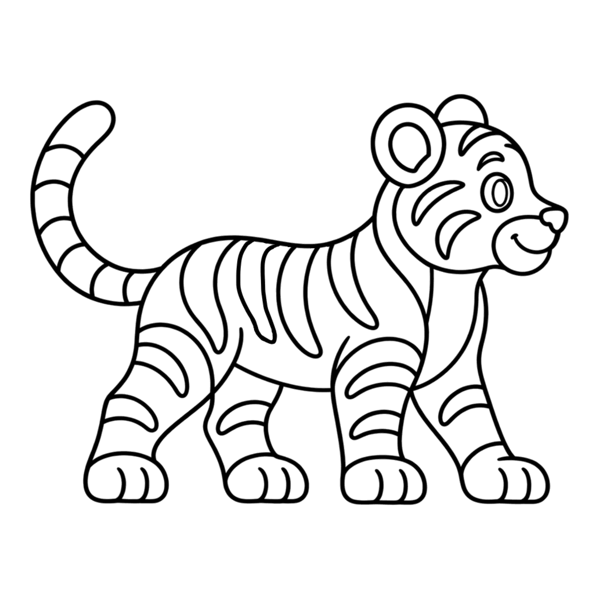 Tiger coloring page: a tiger with stripes and a long tail, ready to color